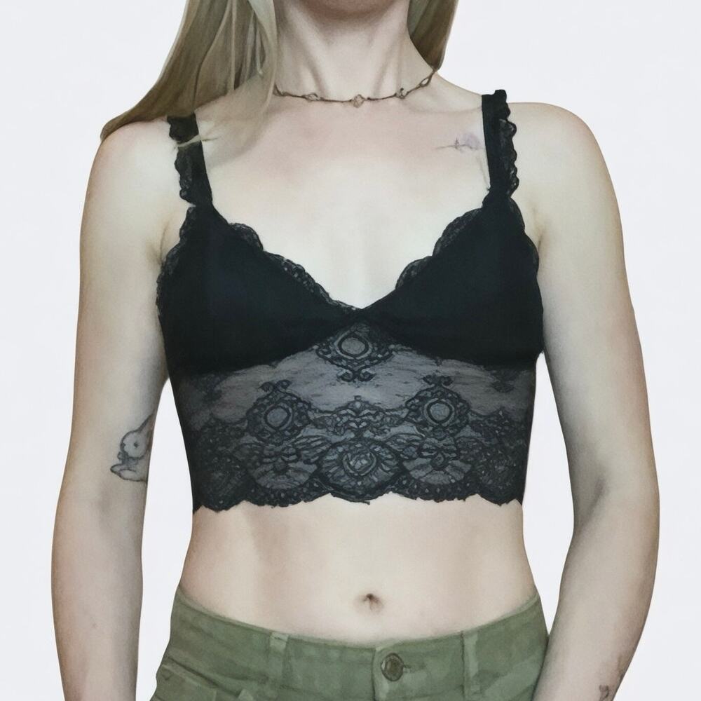 Princess Polly Black Sheer Lace Trim Cropped Tank Top